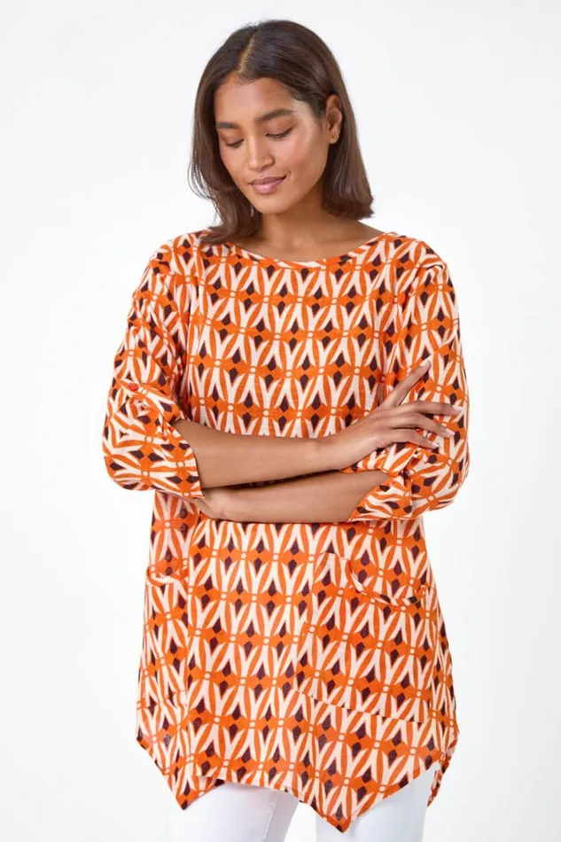 Orange Cotton Geometric Pocket Longline Tunic Top Women Roman Tops