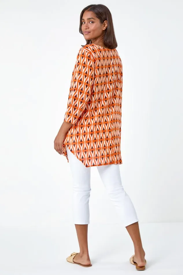 Orange Cotton Geometric Pocket Longline Tunic Top Women Roman Tops
