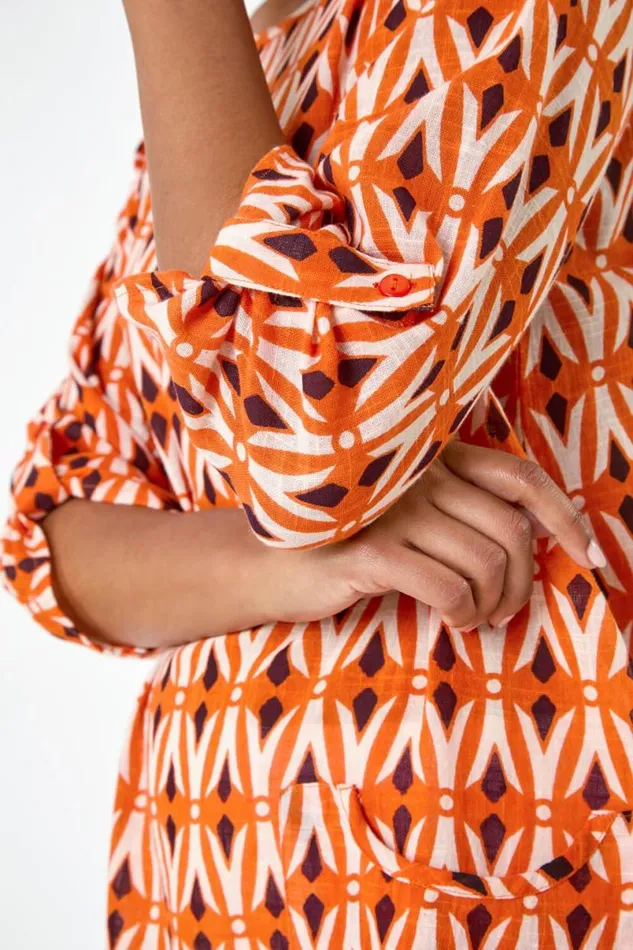Orange Cotton Geometric Pocket Longline Tunic Top Women Roman Tops