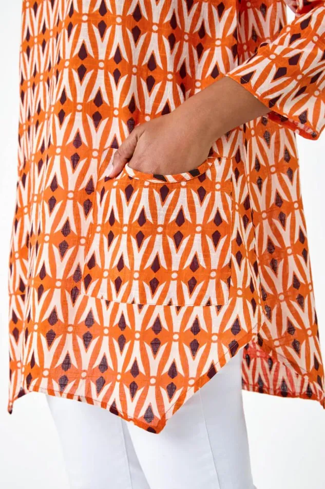 Orange Cotton Geometric Pocket Longline Tunic Top Women Roman Tops