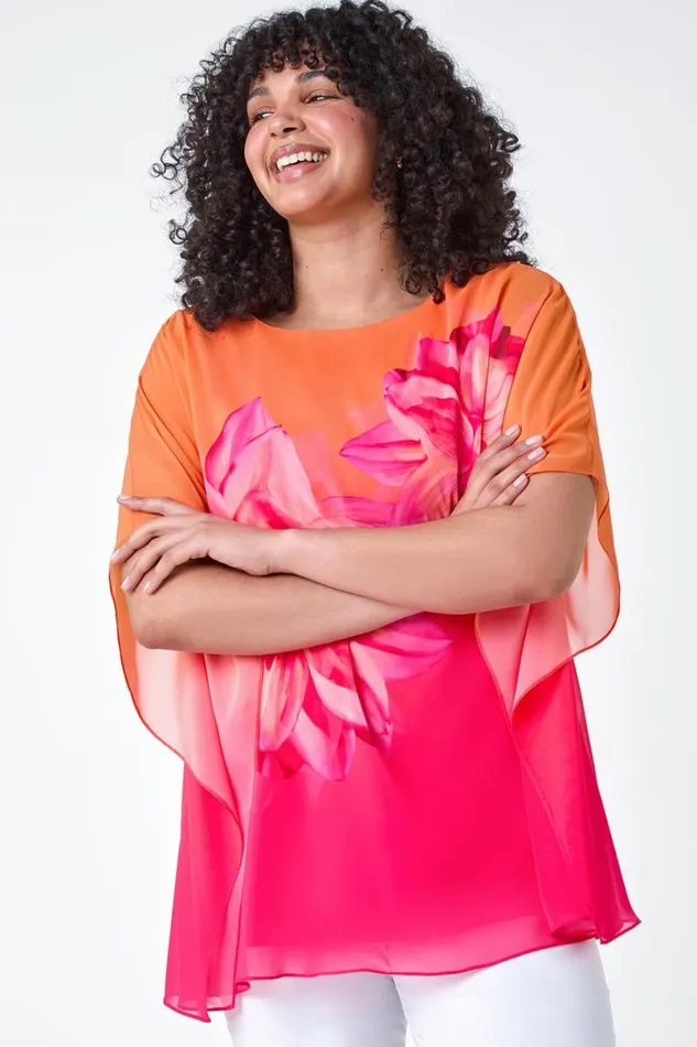 Orange Curve Floral Print Chiffon Overlay Top Women Roman Tops
