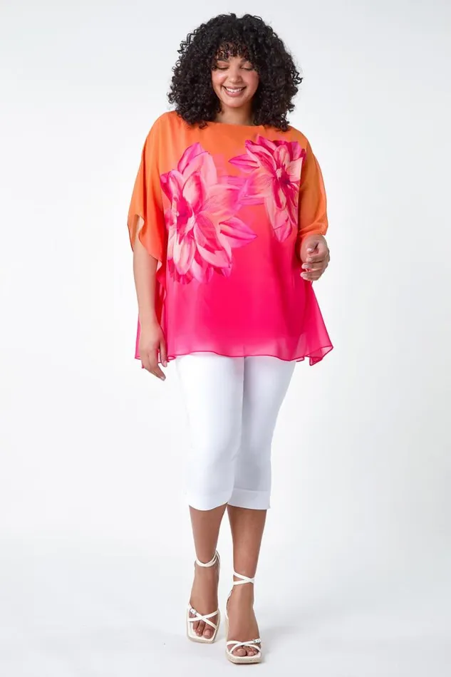 Orange Curve Floral Print Chiffon Overlay Top Women Roman Tops