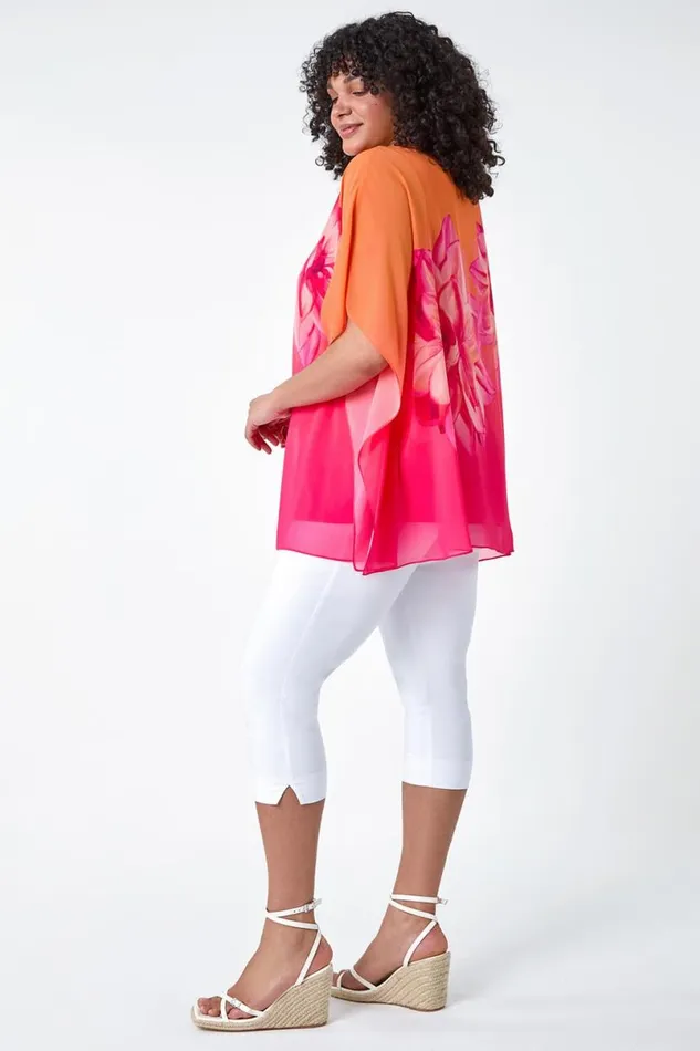 Orange Curve Floral Print Chiffon Overlay Top Women Roman Tops