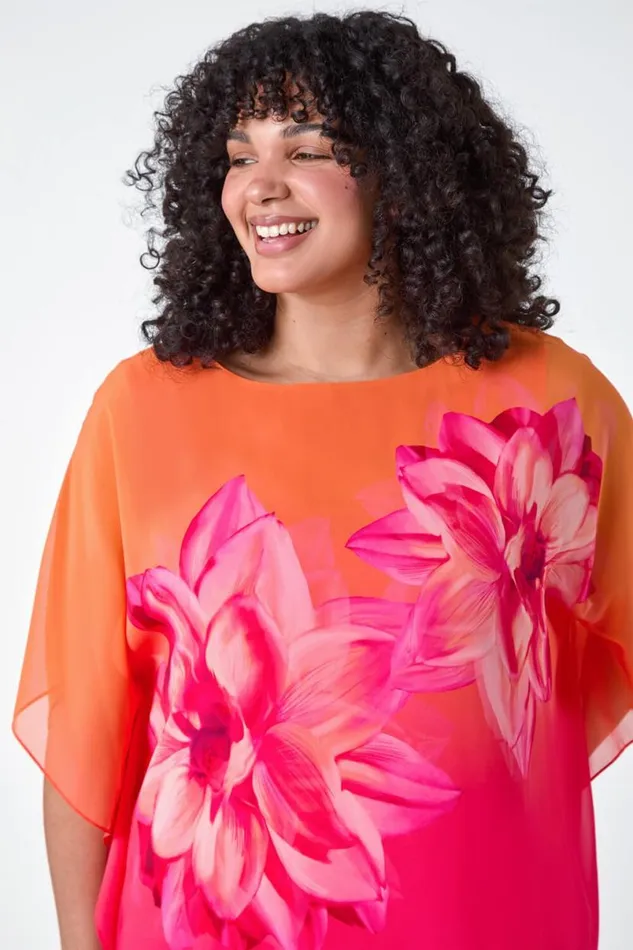 Orange Curve Floral Print Chiffon Overlay Top Women Roman Tops