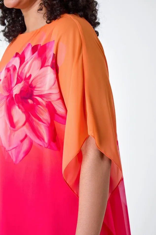 Orange Curve Floral Print Chiffon Overlay Top Women Roman Tops