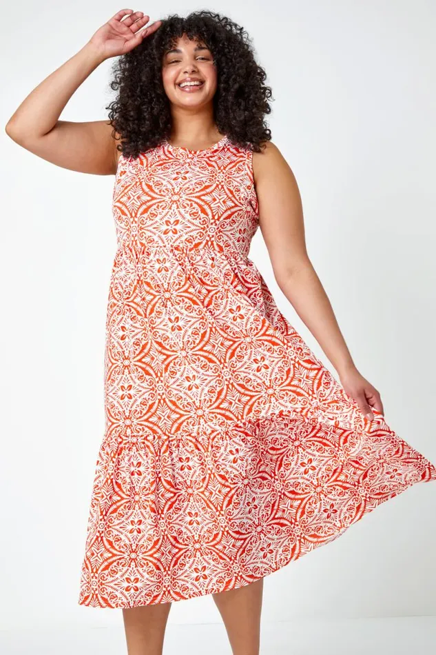 Orange Curve Sleeveless Aztec Midi Stretch Dress Women Roman Dresses