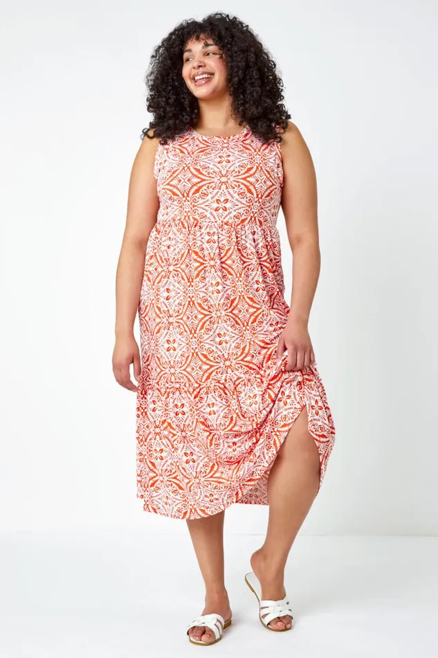 Orange Curve Sleeveless Aztec Midi Stretch Dress Women Roman Dresses
