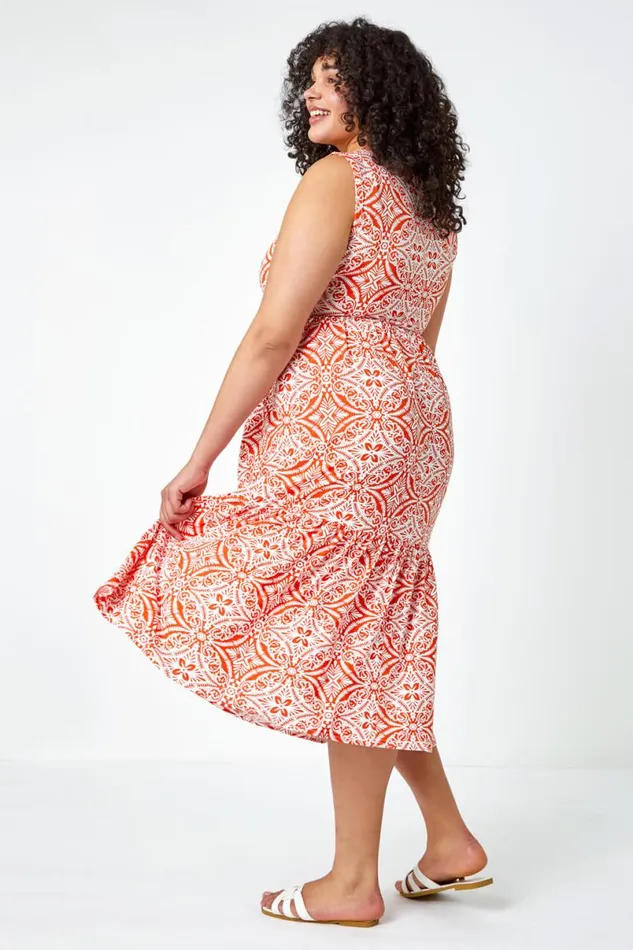 Orange Curve Sleeveless Aztec Midi Stretch Dress Women Roman Dresses