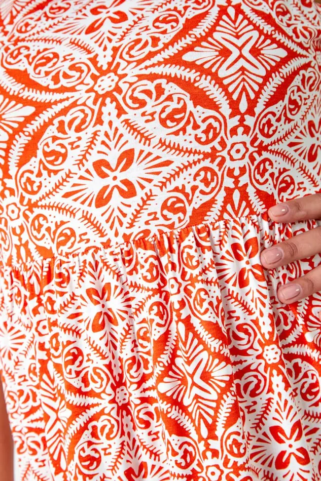 Orange Curve Sleeveless Aztec Midi Stretch Dress Women Roman Dresses
