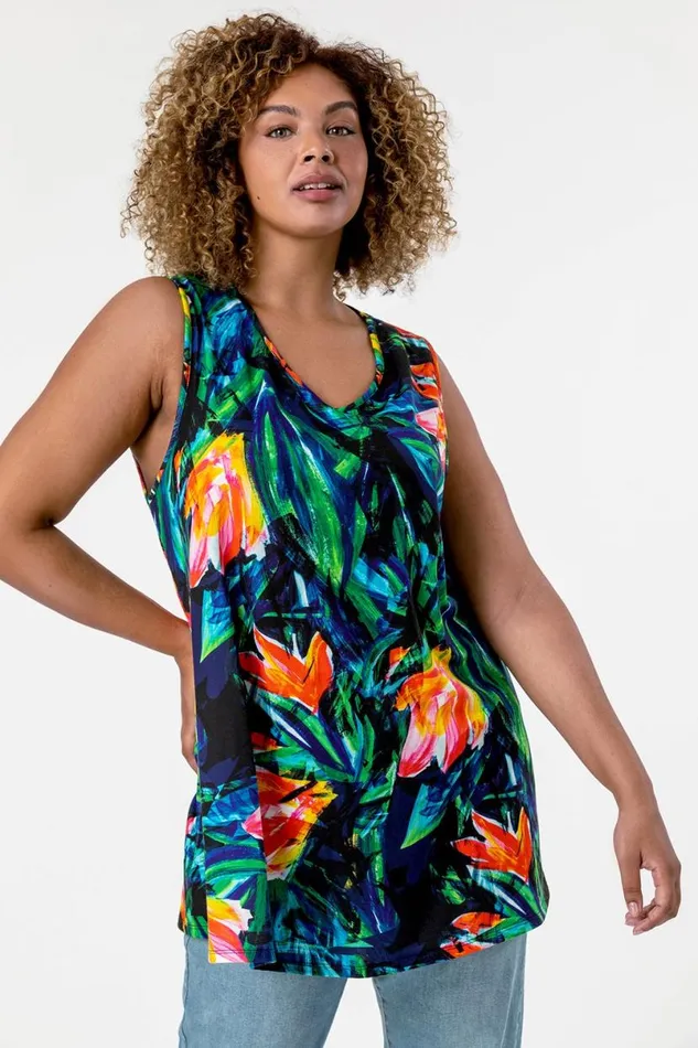 Orange Curve VNeck Tropical Print Top Women Roman Tops