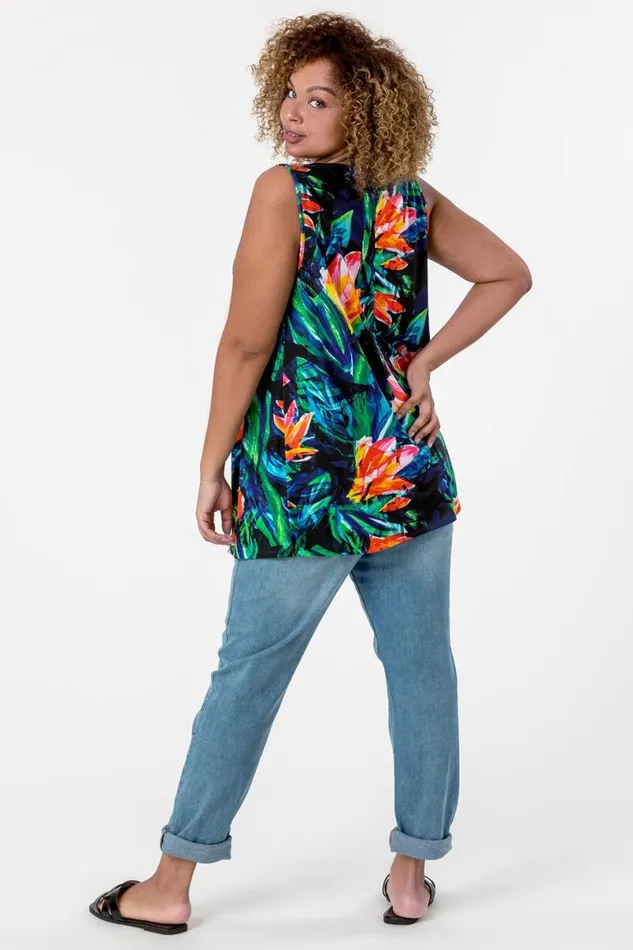Orange Curve VNeck Tropical Print Top Women Roman Tops