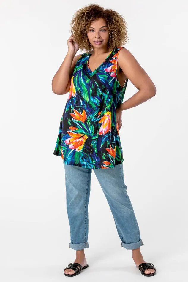 Orange Curve VNeck Tropical Print Top Women Roman Tops