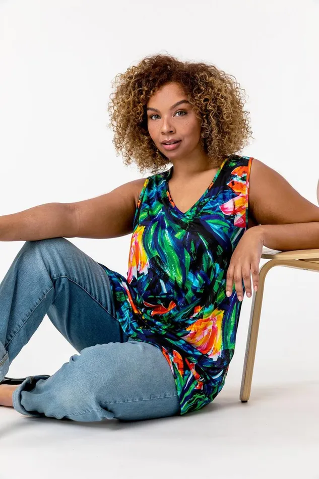 Orange Curve VNeck Tropical Print Top Women Roman Tops