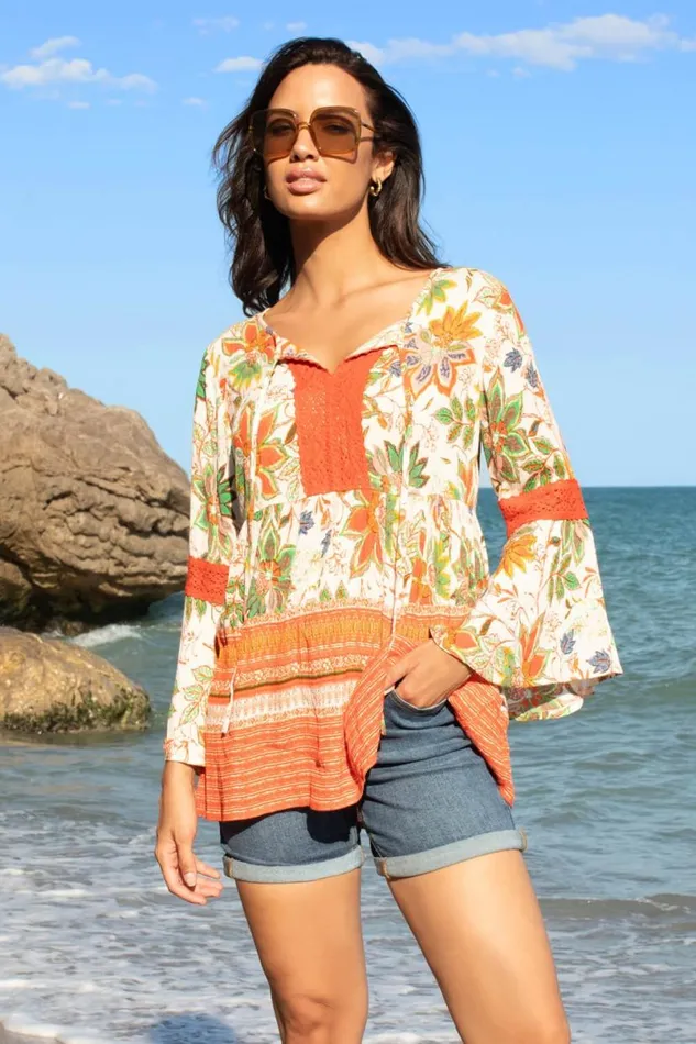 Orange Floral Border Print Boho Tie Tunic Top Women Roman Tops