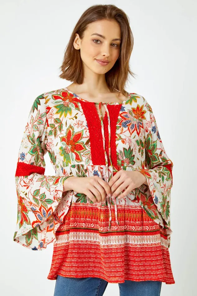 Orange Floral Border Print Boho Tie Tunic Top Women Roman Tops