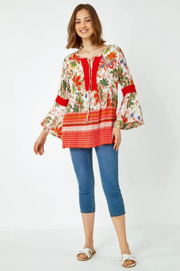 Orange Floral Border Print Boho Tie Tunic Top Women Roman Tops