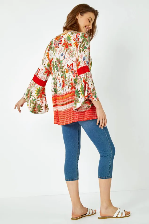Orange Floral Border Print Boho Tie Tunic Top Women Roman Tops
