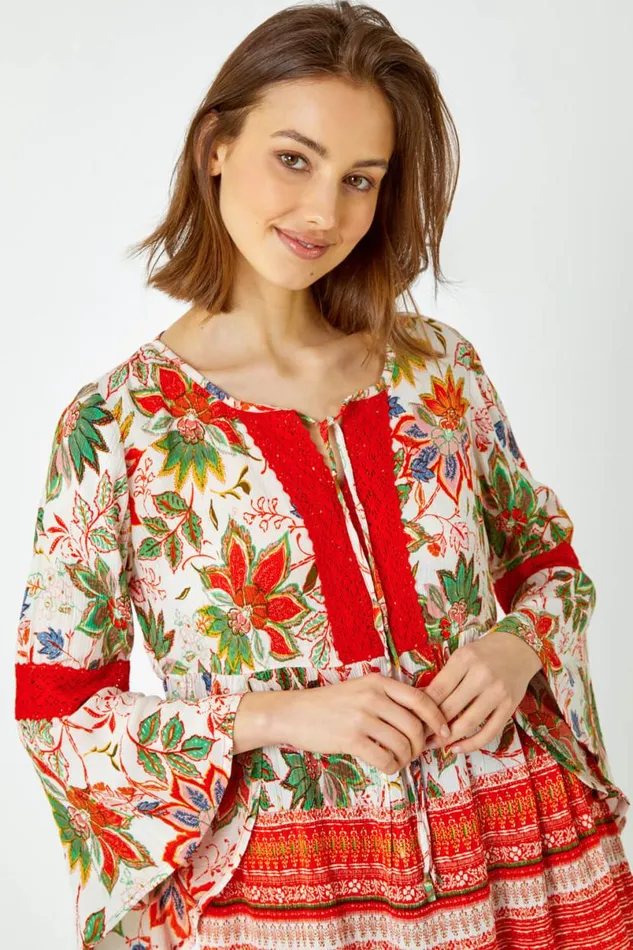 Orange Floral Border Print Boho Tie Tunic Top Women Roman Tops