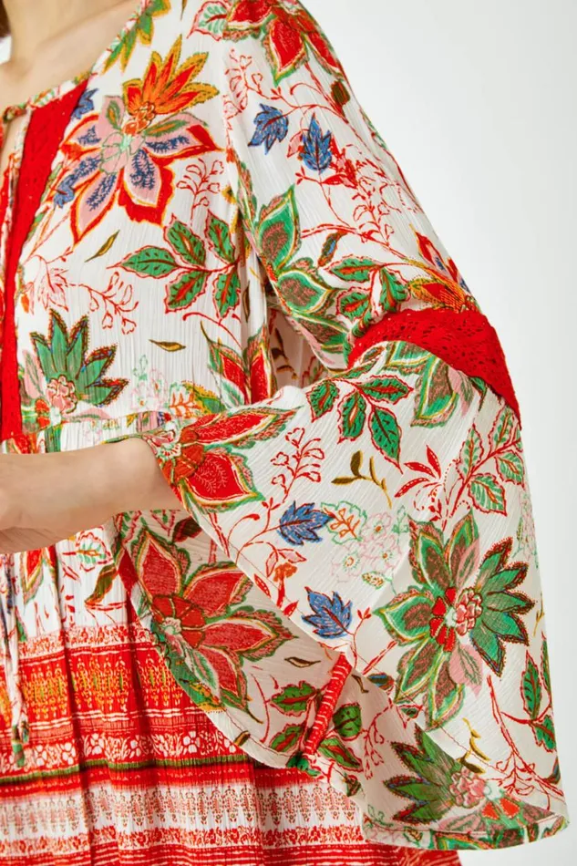 Orange Floral Border Print Boho Tie Tunic Top Women Roman Tops