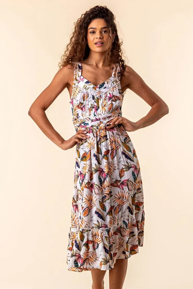 Orange Leaf Print Midi Length Sun Dress Women Roman Dresses