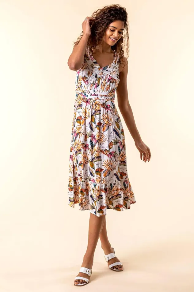 Orange Leaf Print Midi Length Sun Dress Women Roman Dresses