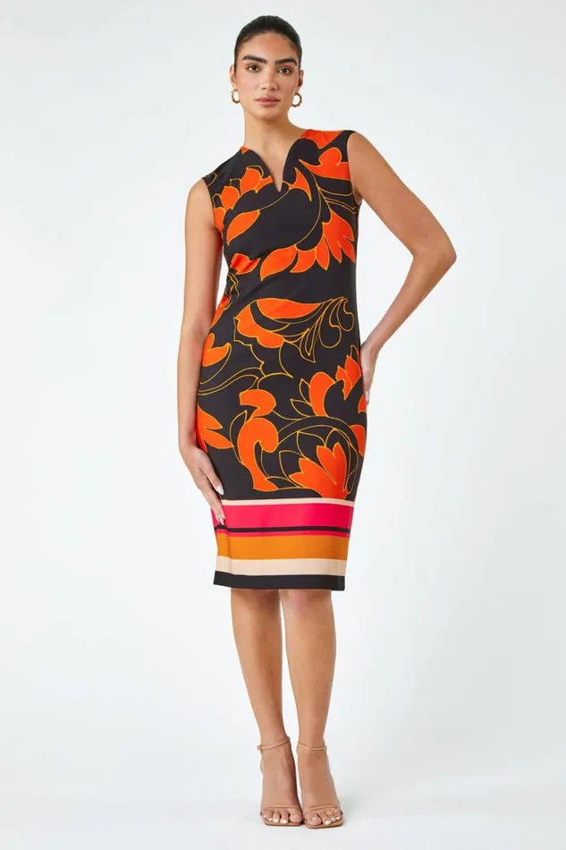 Orange LIMITED Floral Print Premium Stretch Dress Women Roman Dresses