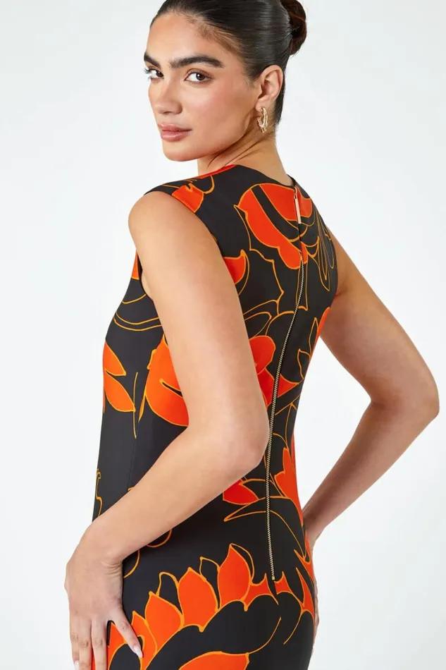 Orange LIMITED Floral Print Premium Stretch Dress Women Roman Dresses