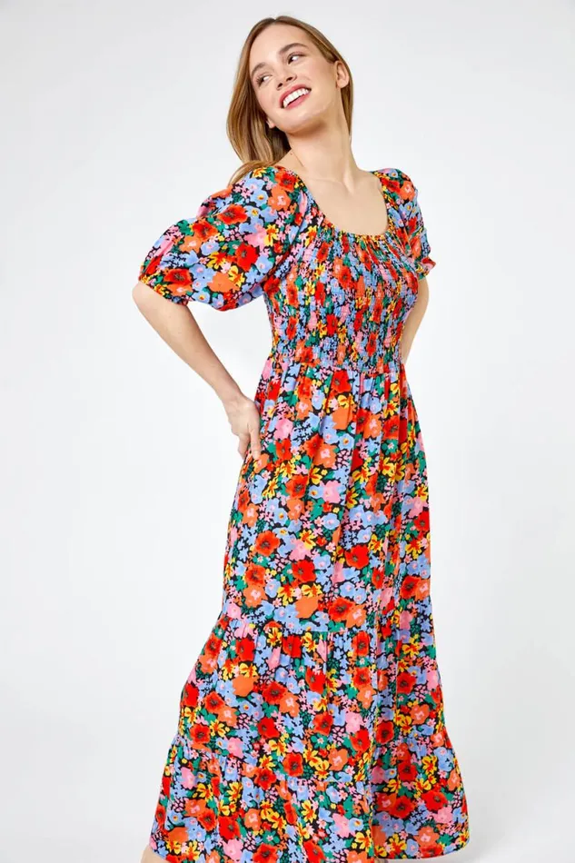 Orange Petite Floral Shirred Maxi Dress Women Roman Dresses