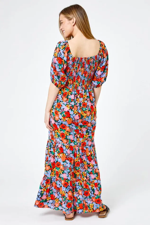 Orange Petite Floral Shirred Maxi Dress Women Roman Dresses