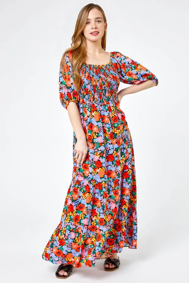 Orange Petite Floral Shirred Maxi Dress Women Roman Dresses
