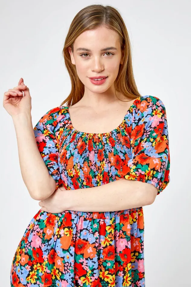 Orange Petite Floral Shirred Maxi Dress Women Roman Dresses