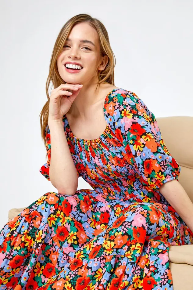 Orange Petite Floral Shirred Maxi Dress Women Roman Dresses