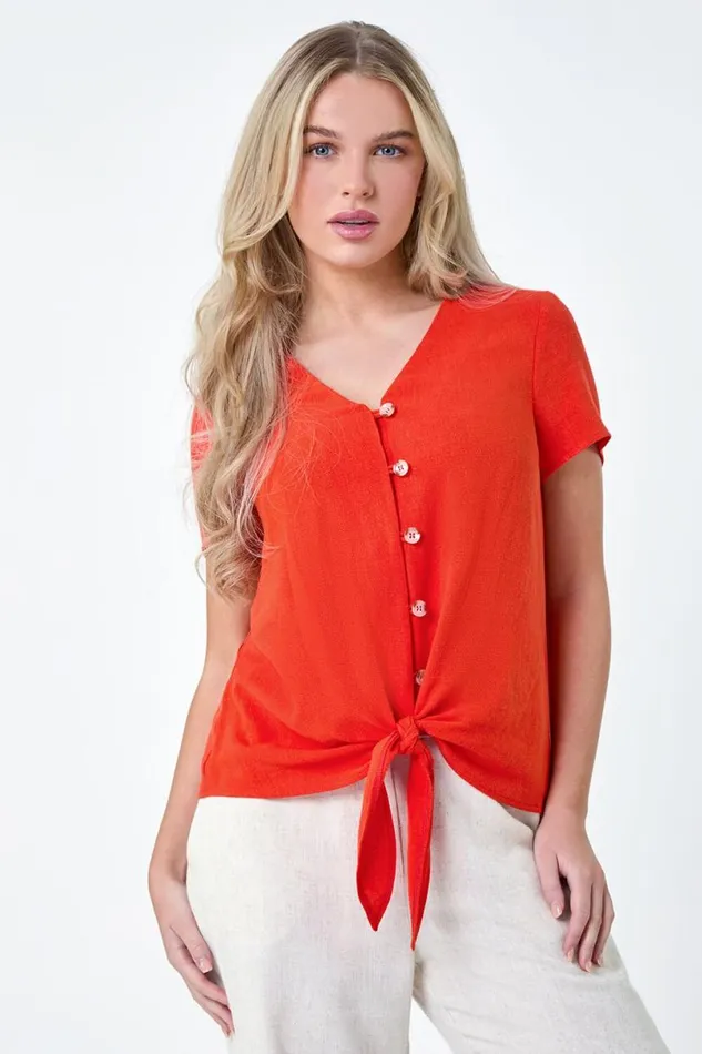 Orange Petite Plain Linen Blend Tie Top Women Roman Tops