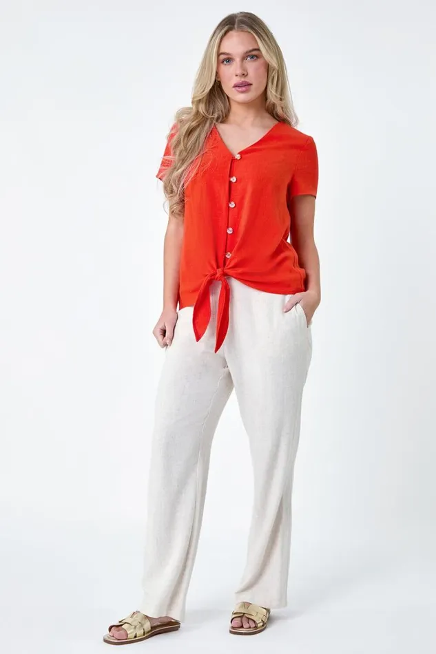Orange Petite Plain Linen Blend Tie Top Women Roman Tops