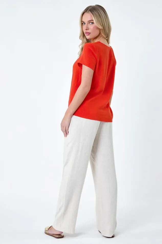 Orange Petite Plain Linen Blend Tie Top Women Roman Tops