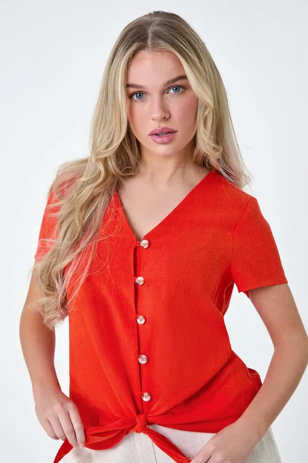Orange Petite Plain Linen Blend Tie Top Women Roman Tops