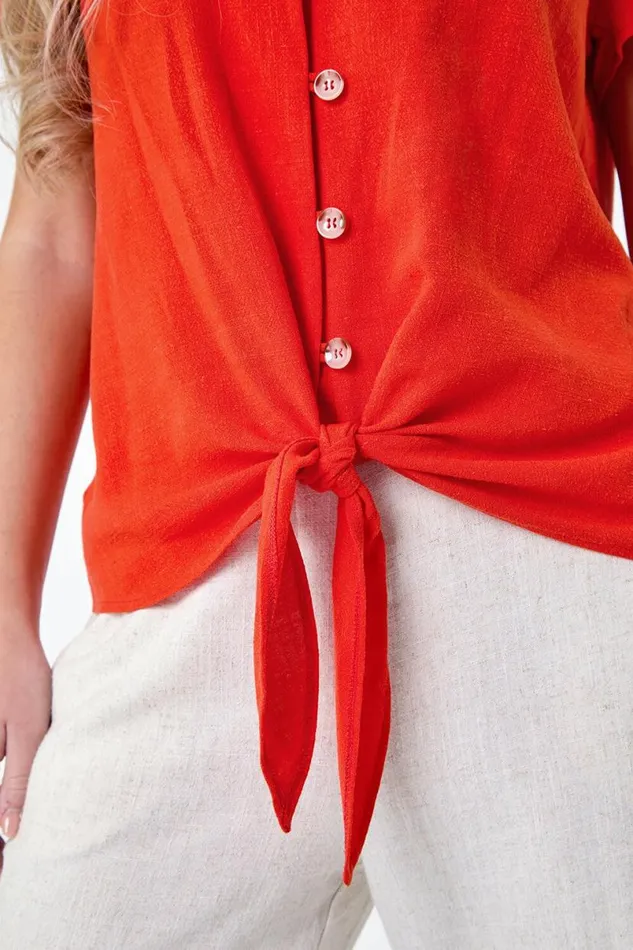 Orange Petite Plain Linen Blend Tie Top Women Roman Tops