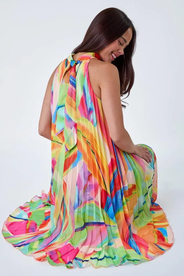 Orange Petite Tropical Halter Neck Pleated Dress Women Roman Dresses