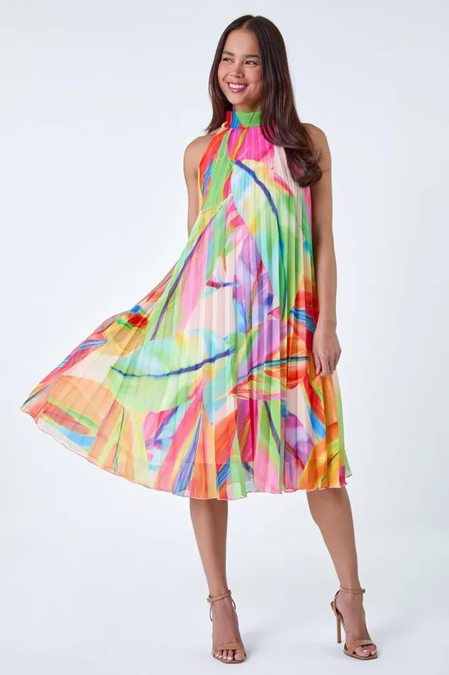 Orange Petite Tropical Halter Neck Pleated Dress Women Roman Dresses