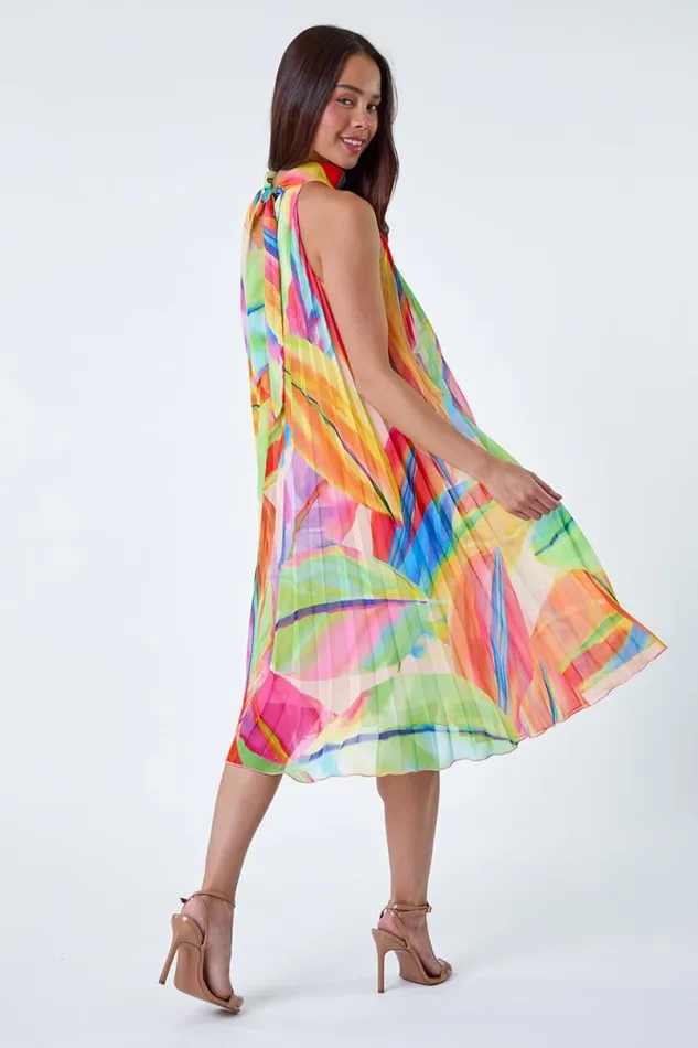 Orange Petite Tropical Halter Neck Pleated Dress Women Roman Dresses