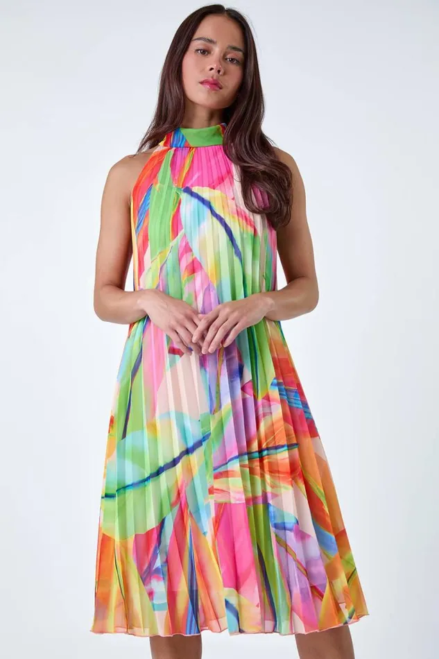 Orange Petite Tropical Halter Neck Pleated Dress Women Roman Dresses