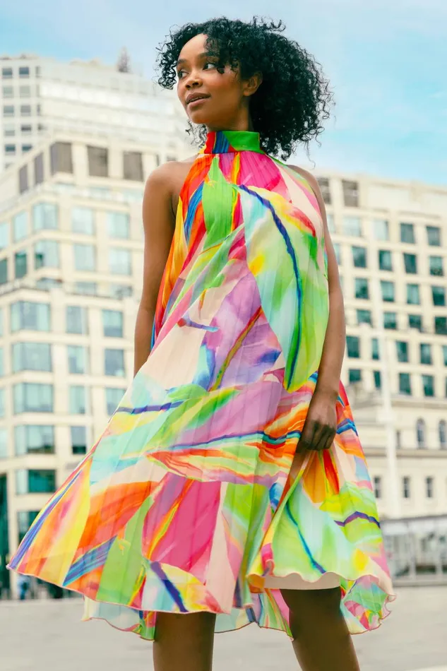Orange Petite Tropical Halter Neck Pleated Dress Women Roman Dresses