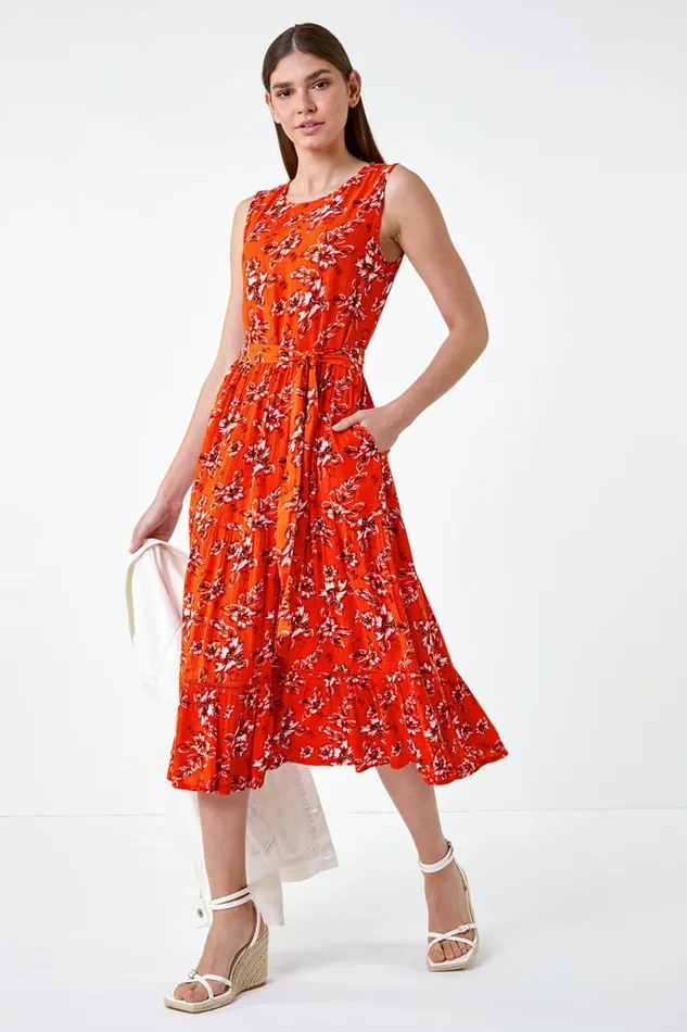 Orange Sleeveless Floral Print Midi Dress Women Roman Dresses