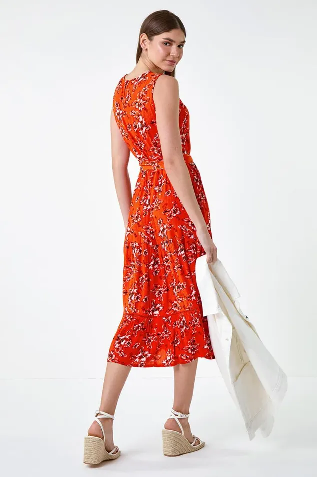 Orange Sleeveless Floral Print Midi Dress Women Roman Dresses