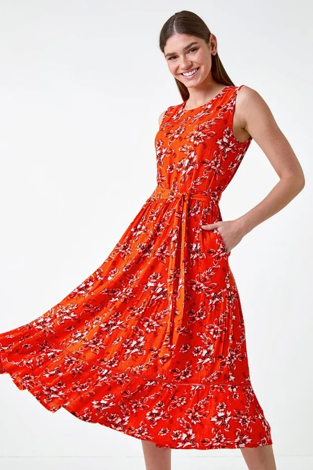 Orange Sleeveless Floral Print Midi Dress Women Roman Dresses