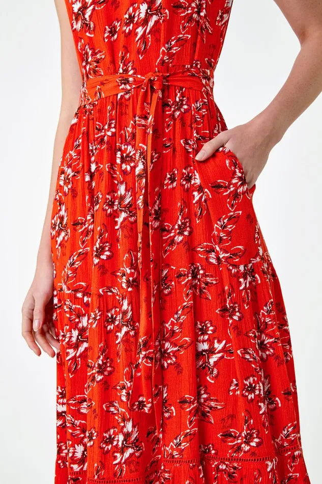 Orange Sleeveless Floral Print Midi Dress Women Roman Dresses