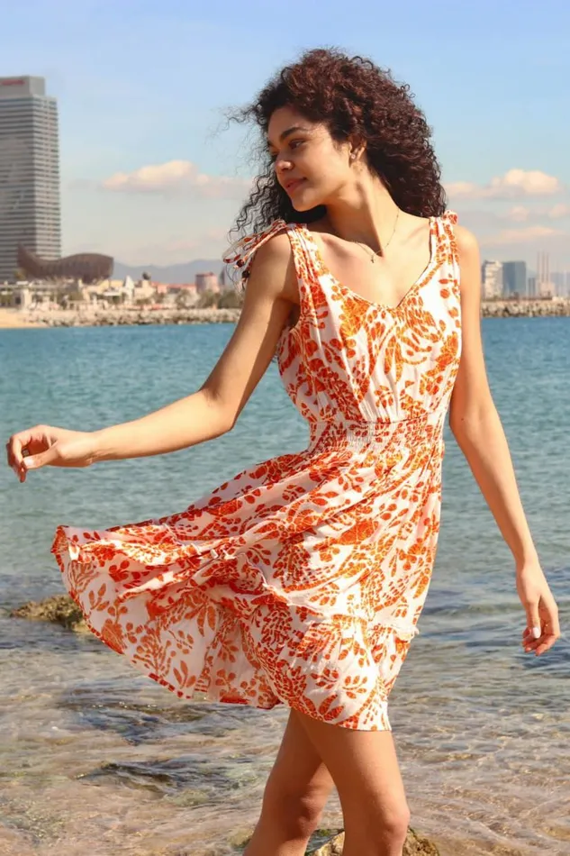 Orange Sleeveless Floral Print Shirred Dress Women Roman Dresses