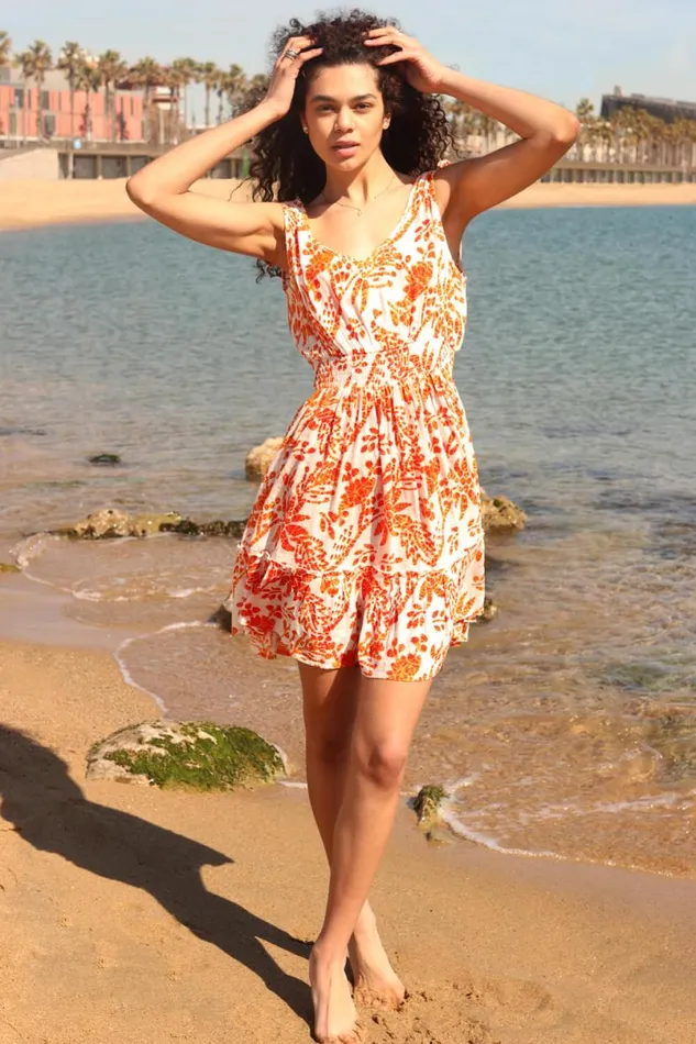 Orange Sleeveless Floral Print Shirred Dress Women Roman Dresses