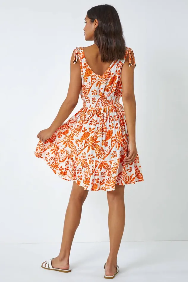 Orange Sleeveless Floral Print Shirred Dress Women Roman Dresses