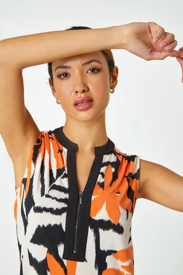 Orange Sleeveless VNeck Leaf Print Zip Top Women Roman Tops